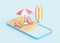 Summer beach vacation 3d render - cartoon sand island with umbrella and lounger on smartphone screen.