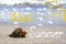 Summer beach vacation background with seashell, sand, sea, sunlight and lettering Hello Summer
