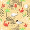 Summer Beach Vacation Seamless Pattern with Seagulls and Palms in Childish Style. Cute Background with Ice Cream