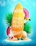 Summer beach vector concept design. Summer beach party text in surfboard element with floaters, leaves and miniature island.