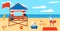 Summer beach vector illustration, cartoon flat tropical beach seaside landscape with lifeguard tower station, children