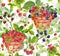 Summer berries in baskets - blueberry, blackberry, raspberry, cranberry, strawberry. Forest or garden harvest on floral