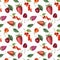 Summer berries and fruits watercolor food seamless pattern. Watercolor strawberry, cherry, redcurrant, raspberry and leaves