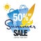 Summer big sale 50 percent off windsurf board sun card blue background vector