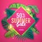 Summer big sale poster with tropic leaves and string of lights. Summer tropic leaves background.