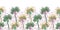 Summer birch tree silhouettes. Abstract decorative seamless vector horizontal border on irregular polka dot background.