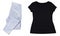 Summer black t-shirt and folded pants isolated mock up, empty black t shirt close up