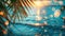 Summer Bliss: Blurred Seascape with Palm Leaves and Bokeh Lights on Ocean
