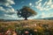 Summer bliss Expansive flower field with majestic tree against blue sky