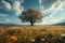 Summer bliss Expansive flower field with majestic tree against blue sky