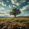 Summer bliss Expansive flower field with majestic tree against blue sky