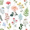 Summer blooming meadow seamless pattern on white background. Watercolor hand painted pretty wildflowers