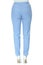 Summer blue cotton trousers on model legs with white stiletto heels shoes