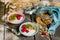 Summer breakfast - granola with strawberries and yogurt