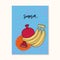 Summer bright color illustration, card with fruits, banana and pomegranate, vitamins. Cover or postcard design. Vector