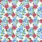 Summer bright pattern with cracked blueberry bushes and red roses.