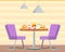Summer cafe with high-calorie dishes and drinks. Fast food establishment with set table and chairs