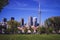 Summer came to Toronto city. Summer view on downtown Toronto with CN tower from Martin Goodman Trail