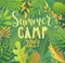 Summer camp 2019 lettering on jungle background.