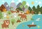 Summer camp background with cute forest animals. Vector woodland scene with rabbit, birds, moose, trees, mountains, river. Active