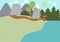 Summer camp background. Nature empty landscape with mountains, tree, path, forest, lake and wooden direction sign. Vector woodland