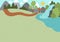 Summer camp background. Nature empty landscape with mountains, tree, path, forest, waterfall and wooden direction sign. Vector