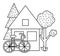 Summer camp black and white scene with house, trees, bicycle. Vector outline campfire illustration. Active holidays or local