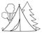 Summer camp black and white scene with tent and forest. Vector campfire illustration. Active holidays or local tourism woodland