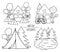 Summer camp black and white scenes set with house, lake, tent, van, forest. Vector campfire line illustration. Active holidays or