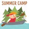 Summer camp card with cute kid doing camping activity. Vector square print template with rafting child in a boat with seagull.