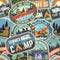 Summer camp colorful seamless pattern with rv trailer, camping tent, campfire, bear, canoe and kayak. Vector. Background