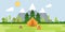 Summer camp concept Landscape, tent , mountain, tree, bonfire