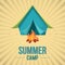 Summer camp in forest banner vector illustration. Vacation and tourism concept. Travelling equipment such as tent