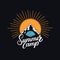 Summer camp hand written lettering logo, label, badge, emblem with sun, mountain and tent.