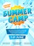 Summer camp poster. Child journey, camping comic style flyer. School kids vacation ad brochure design, fun adventures