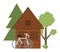 Summer camp scene with house, green trees, bicycle. Vector campfire illustration. Active holidays or local tourism woodland