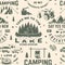 Summer camp seamless pattern or background. Vector Seamless scene with quad bike, tent, mountain, camper trailer and