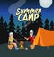 Summer camp vector concept design. Summer camp text with couple hiker characters in hiking activity like cooking in night forest.