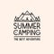 Summer camping card with landscape consisting of mountains, trees, tent, campfire and