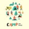 Summer Camping. Cartoon Characters People in Camp. Travel Equipment, Campfire, Outdoor Activities