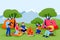 Summer camping and ecotourism. Friends have rest in forest or mountains camping in tents. Vector people characters