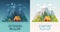 Summer Camping morning and night graphic posters. Banners with mountains, trees, tent and campfire.