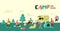 Summer Camping Poster, Banner. Cartoon Characters People in Camp Background. Travel Equipment, Campfire, Outdoor