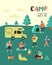 Summer Camping Poster, Banner. Cartoon Characters People in Camp Placard, Invitation, Background. Travel Equipment