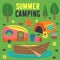 Summer camping poster with a tent, a trailer and a boat