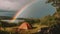 summer camping site with one orange tent near summer lake and a rainbow in the sky, neural network generated picture