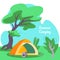 Summer Camping Square Banner, Tent and Backpack