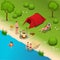 Summer Camping and tent near a river or lake. Flat 3d vector isometric illustration. Vacation and holiday concept.