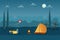 Summer camping tourism landscape background with suitcases, kite, camp tent and bonfire. Night time with moon, stars and