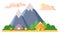 Summer camping, trekking and climbing vector landscape flat illustration. Mountain, woods and forest, tents, camfire